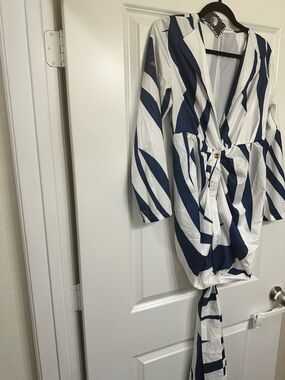 White & Navy Striped Wrap Shirt-Dress-Small- NWT